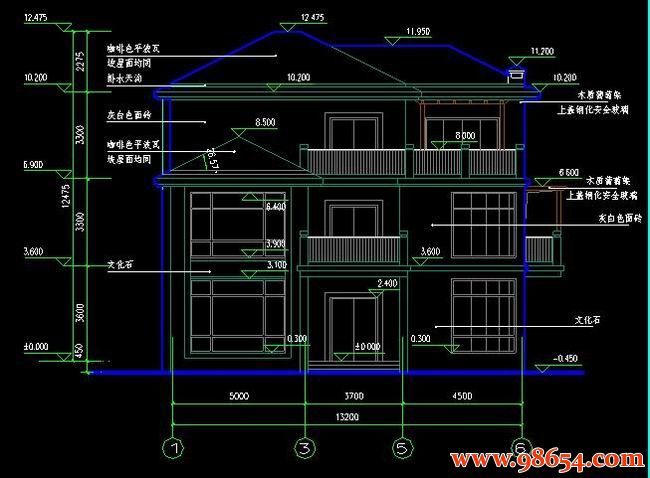 首层面积168平方米3层农村别墅建筑设计施工图正立面图