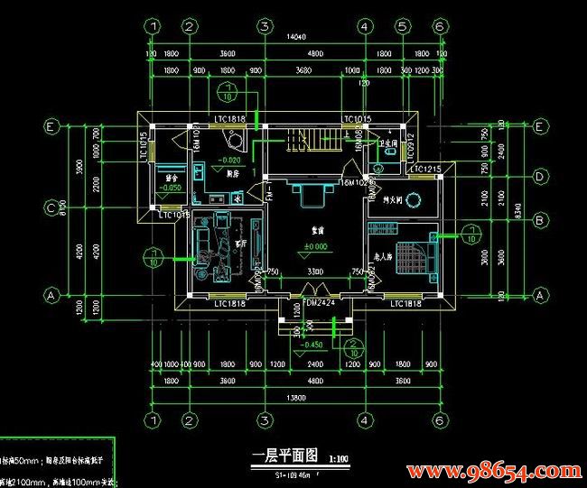 首层面积114平方米3层农村别墅设计施工图一楼平面图