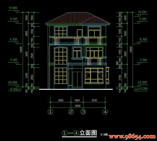 首层面积80平方米3层独栋农村别墅施工图正立面图