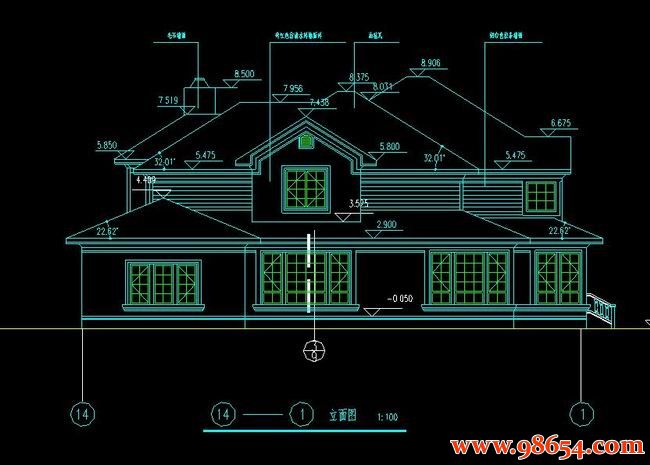 首层面积315平方米2层自建别墅建筑施工图正立面图