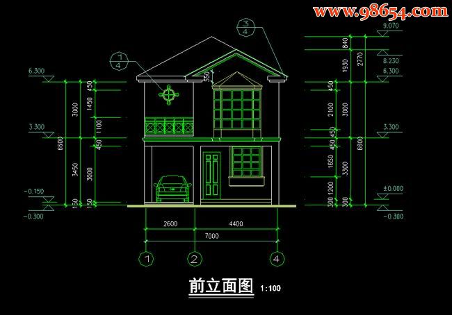 首层面积160平方米2层F型别墅建筑全套图正立面图