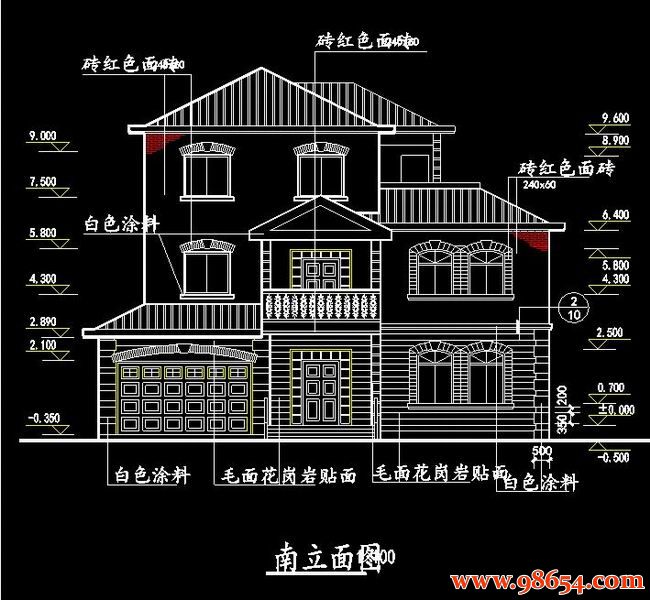 首层面积167平方米3层农村新型别墅施工图正立面图