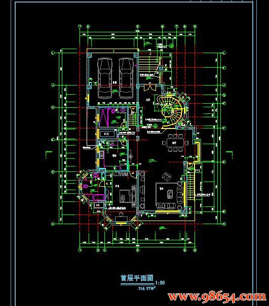 首层面积287平方米3层欧式别墅设计施工图一楼平面图