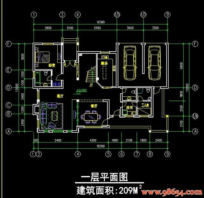 首层面积219平方米2层独栋别墅施工图一楼平面图