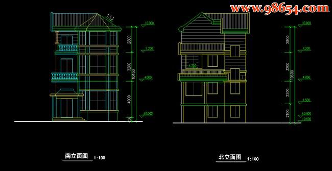 三层3室2厅4卫新农村住宅施工图正立面图