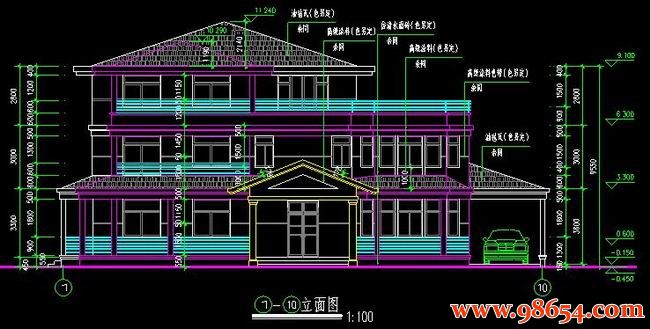 首层面积377平方米3层别墅设计施工图正立面图