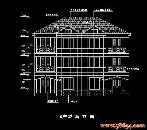 首层面积186平方米3层双拼小型别墅建筑图正立面图