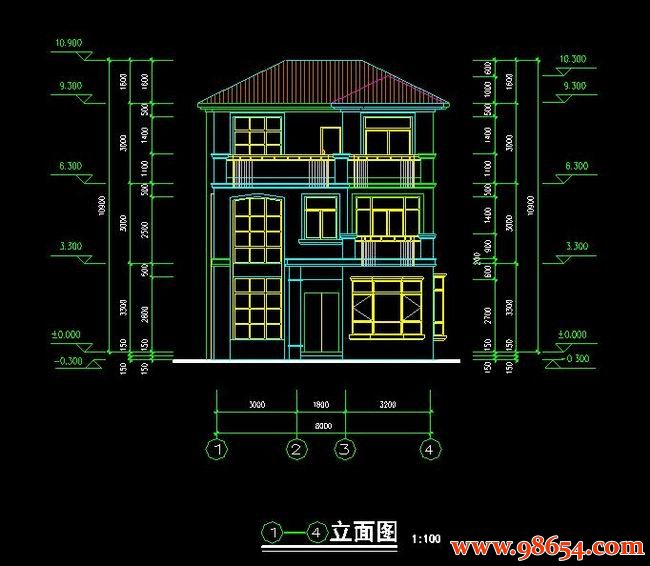 首层面积68平方米3层农村别墅设计施工图正立面图