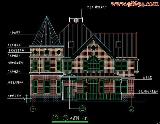 首层218平方米3层一套完整的北方别墅施工图正立面图