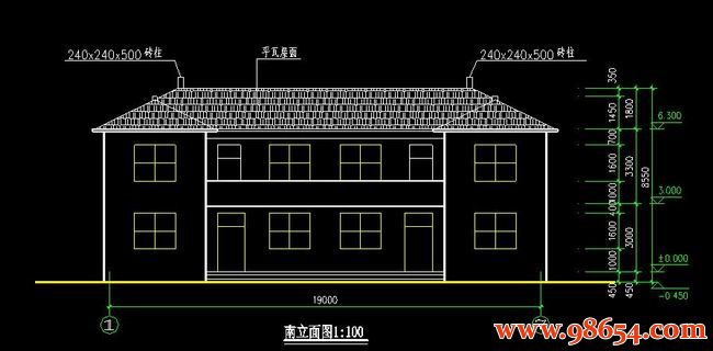 首层面积175平方米2层双拼别墅施工图正立面图