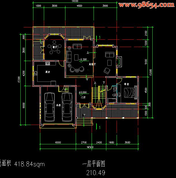 两层5室2厅5卫坡地独栋别墅方案设计一楼平面图