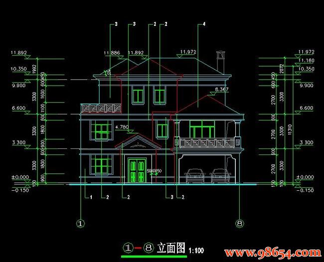 首层面积246平方米3层独栋家庭别墅方案正立面图