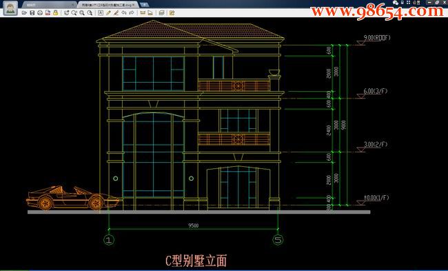 三层5室2厅4卫C型现代别墅施工图正立面图