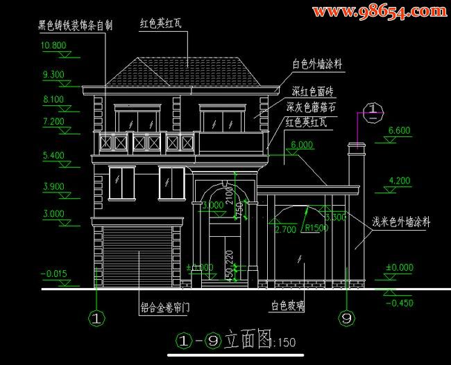 三层5室2厅4卫农村住宅楼设计图正立面图