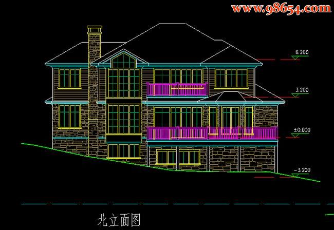 两层252平米带地下室农村住宅别墅施工图正立面图