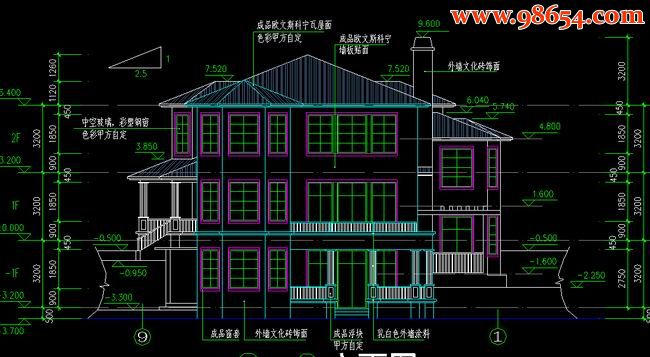 两层7室4厅5卫别墅施工图正立面图