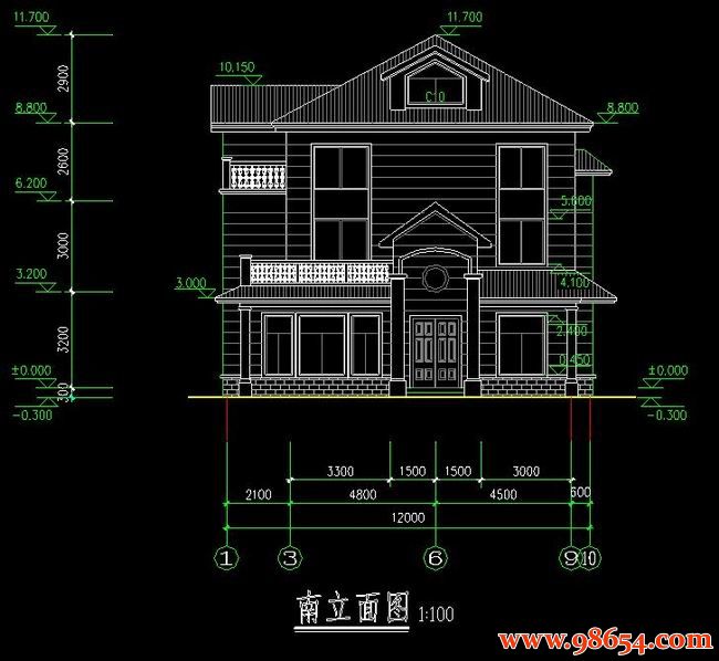 首层面积130平方米2层带阁楼别墅施工图正立面图