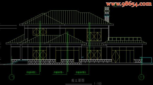 两层5室3厅4卫浙江某别墅施工图正立面图