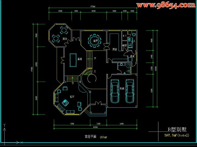 三层6室3厅7卫别墅设计施工图B一楼平面图