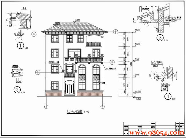 占地面积132平方米4层砖混结构别墅设计图正立面图