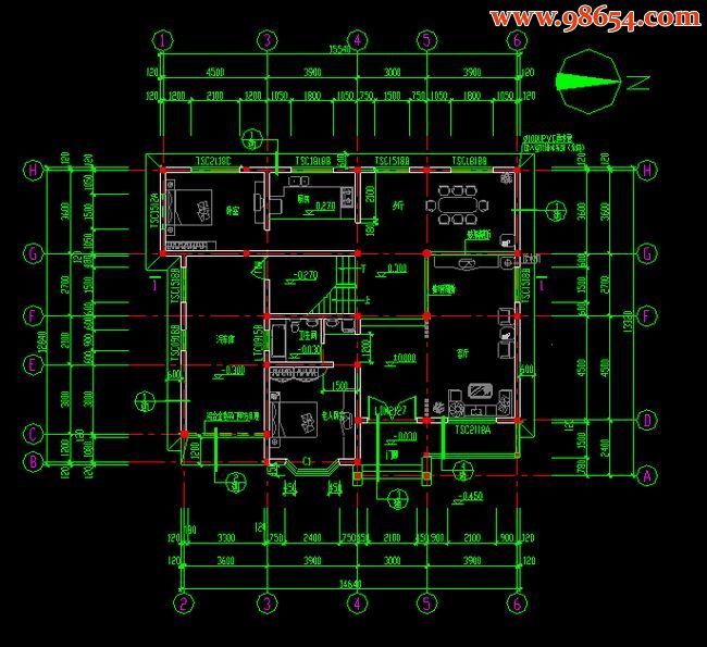 两层7室3厅3卫别墅结构建筑施工图一楼平面图