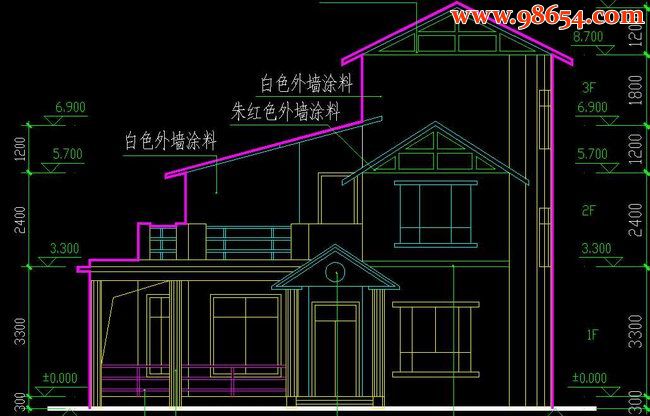 江南农村小康之家三层住宅建筑施工图正立面图