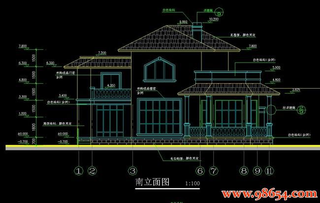 首层面积260平方米3层新农村住宅详图正立面图