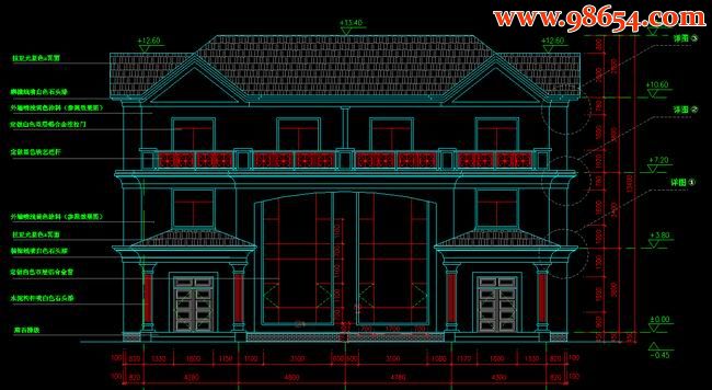 三层5室4厅3卫双拼别墅建筑图纸正立面图