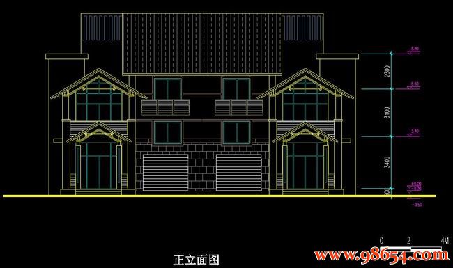 首层面积207平方米3层双拼山地别墅住宅方案图正立面图