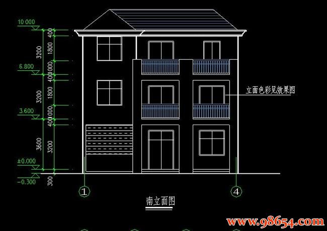 首层面积104平方米3层农村住宅施工图正立面图