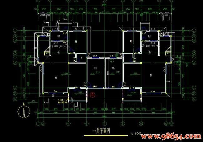 首层面积364平方米3层双拼别墅建筑设计施工图一楼平面图