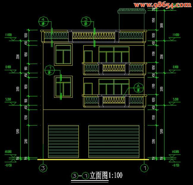 首层面积100平方米3层图私人住宅建筑施工图正立面图