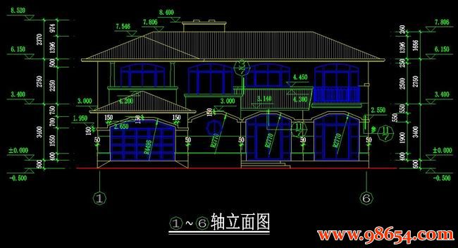 首层面积255平方米2层别墅施工图正立面图