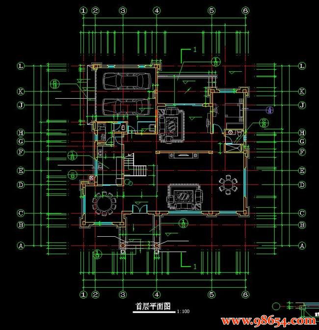 首层面积346平方米3层豪华复式带车库建施结构图一楼平面图