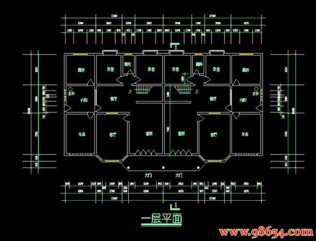 首层面积265平方米2层双拼别墅建筑设计施工图一楼平面图