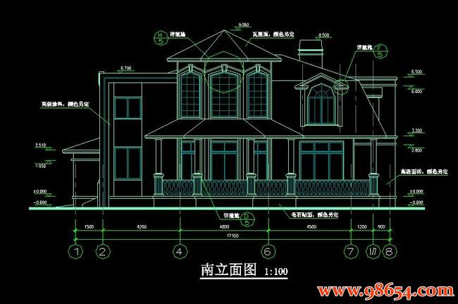 首层面积342平方米2层别墅设计施工图正立面图