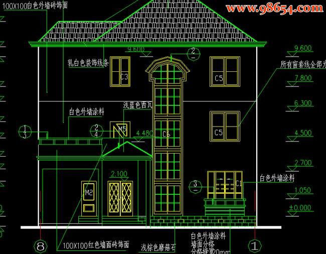 首层150平米2层某A型别墅施工图正立面图