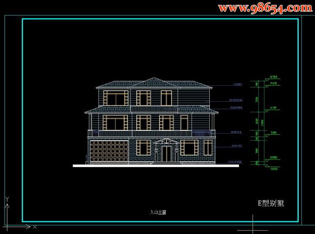 三层476平米别墅设计施工图E正立面图