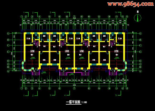 首层426平米四户两层排屋别墅平立剖面图1一楼平面图