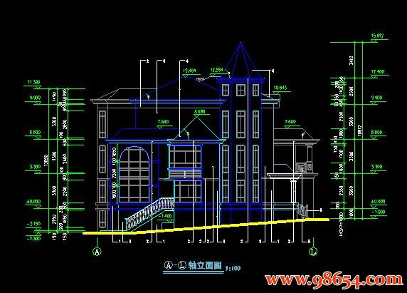 首层面积287平方米3层带地下室私人别墅施工图正立面图