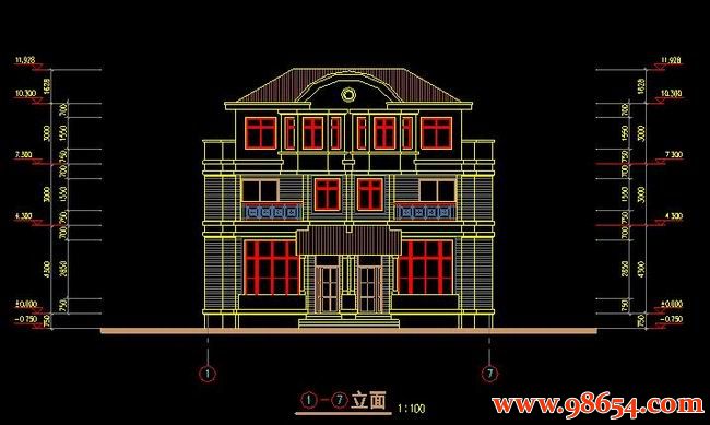 首层面积190平方米3层双拼别墅设计施工图正立面图