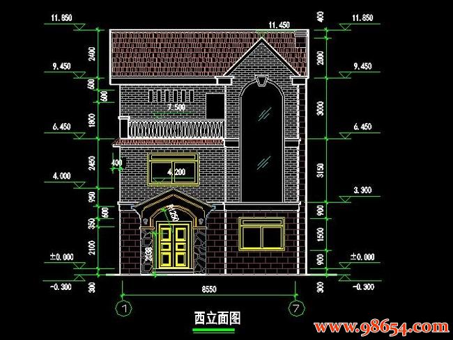 首层面积95平方米3层别墅建筑设计施工图正立面图