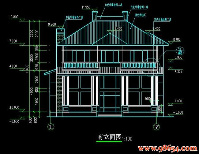 首层面积180平方米2层别墅施工图正立面图