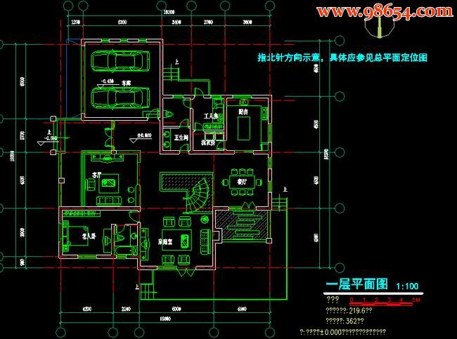 两层5室3厅5卫望江别墅施工图一楼平面图