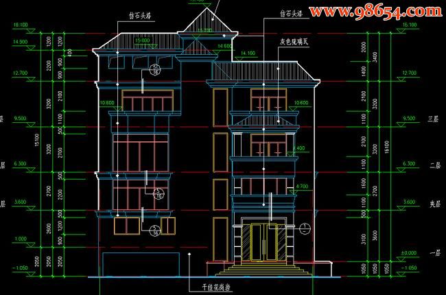 首层204平方米3层高级独栋别墅施工图正立面图