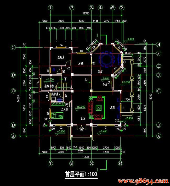 首层面积172平方米3层最新独栋别墅设计施工图一楼平面图