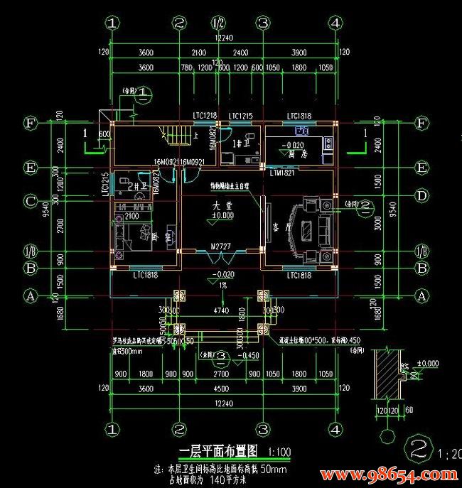 建筑面积320平方米3层5室3厅5卫农村别墅施工图一楼平面图