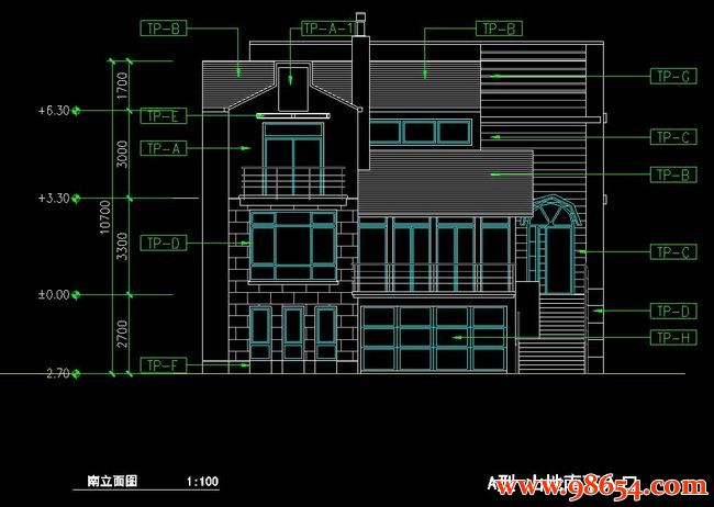 首层面积88平方米3层某山地别墅A型方案正立面图