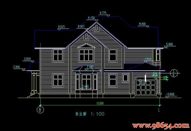 首层面积228平方米2层徽派住宅施工图正立面图