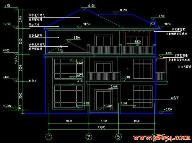 首层面积168平方米3层别墅设计施工图正立面图